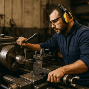 עובד מפעיל מחרטה לעיבוד מתכת במפעל תעשייתי