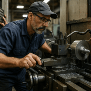 עובד מבצע עיבוד שבבי מדויק במחרטה תעשייתית